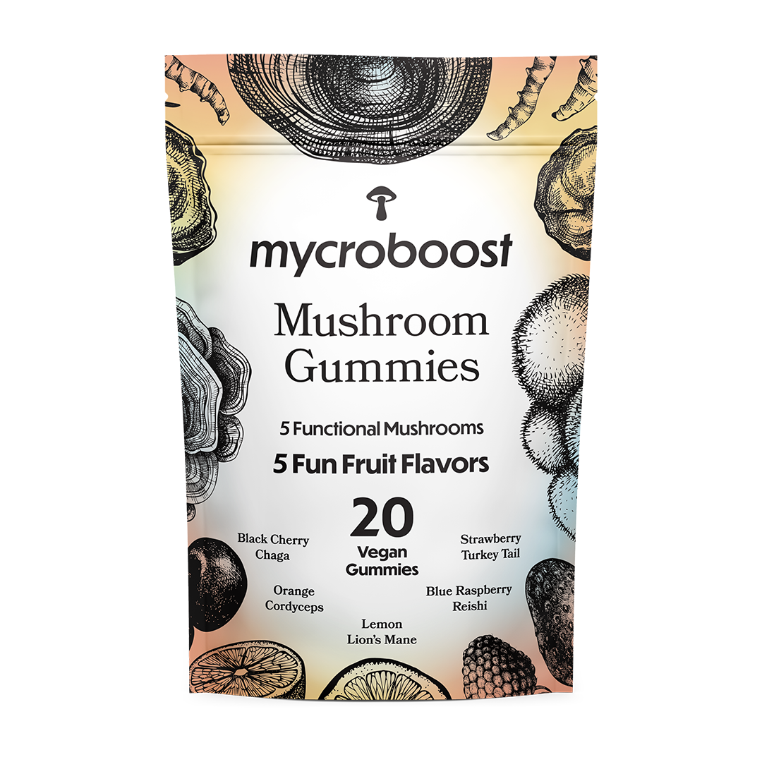 Mycroboost Functional Mushroom Vegan Gummies 20-Ct Bag Front Mycroboost Functional Mushroom Vegan Gummies 20-Ct Bag Front
